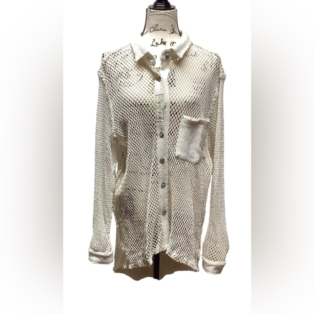 Pol Open Crochet Button Down Shacket. Antique Whi… - image 6